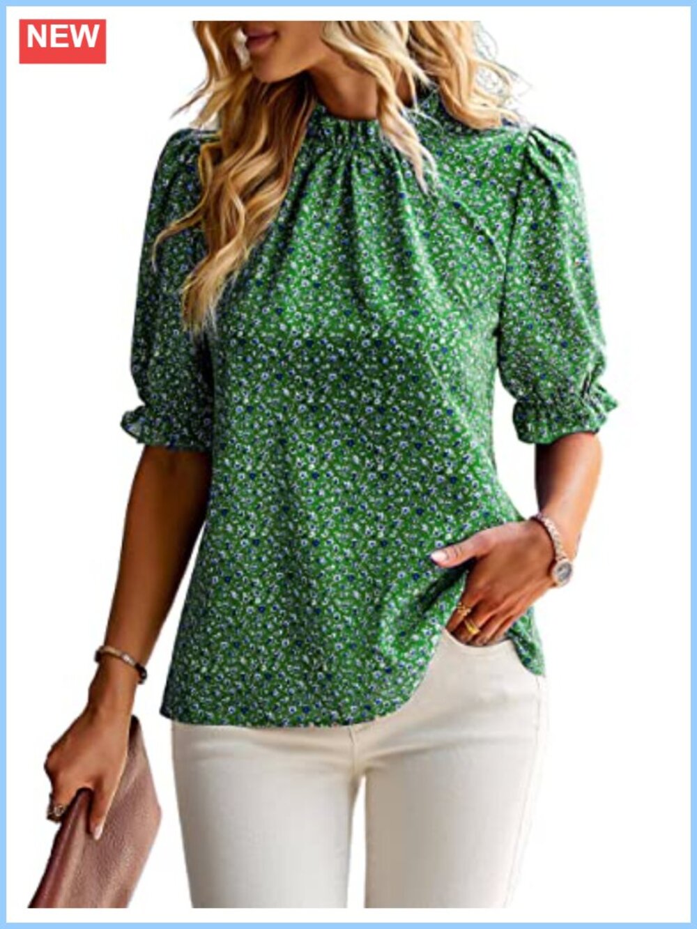 Women's Boho Floral Ruffle Mock Neck Puff Sleeve Blouse Polyester